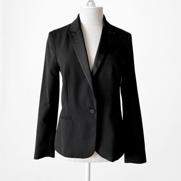 Zara Black Shoulder Padded Single Button Satin Trim Tailored Blazer Size S - Picture 3 of 6